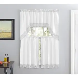 Cafe Curtains for Kitchen, Bathroom Curtains with Valance, Embroidered lace Border. (White)