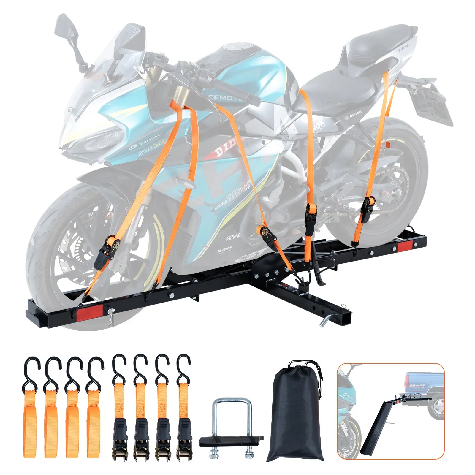 VEVOR Heavy-Duty Steel Motorcycle Hitch Mount Carrier, 600 lbs Hauler with Detachable Ramp, Ratchet Straps & Stabilizer, Fits 2-Inch Receiver Car/Truck, Compatible with Heavy-Duty Motorcycles & Lightweight Scooters, Quick Attach