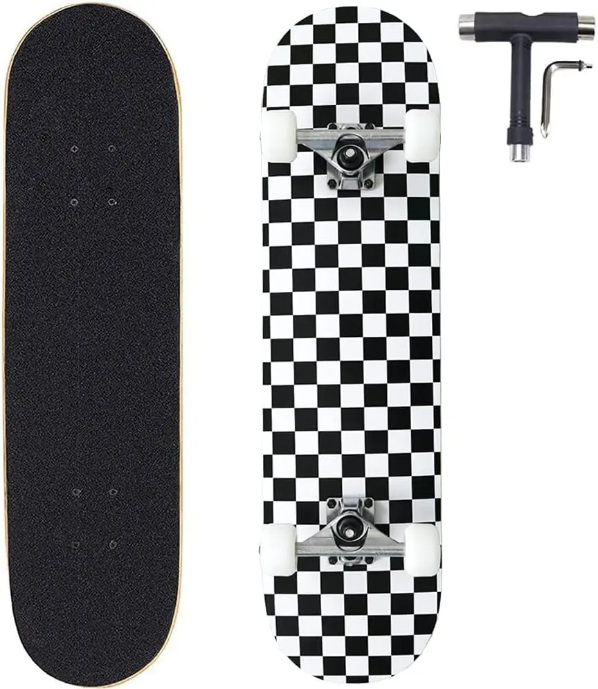 31x8 Inch Pro Complete Skateboard, 7 Layer Canadian Maple Wood Double Kick Concave Skate Boards, Tricks Skateboards for Youths, Beginners, Girls, Boys, Kids, Teens, Adults (Black, White)