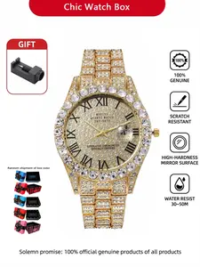 Full Diamond Full Star Men's Watch, Dual Date Display, Rhinestone Large Golden Dial, Hip Hop Fashion Steel Band Wristwatch