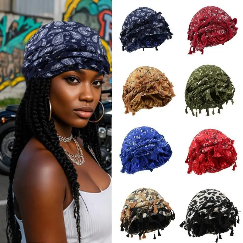 Breathable stretch unisex paisley print turban hat with arabic fashion stretch hood and tassel detail Breathable stretch unisex paisley print turban hat with arabic fashion stretch hood and tassel detail