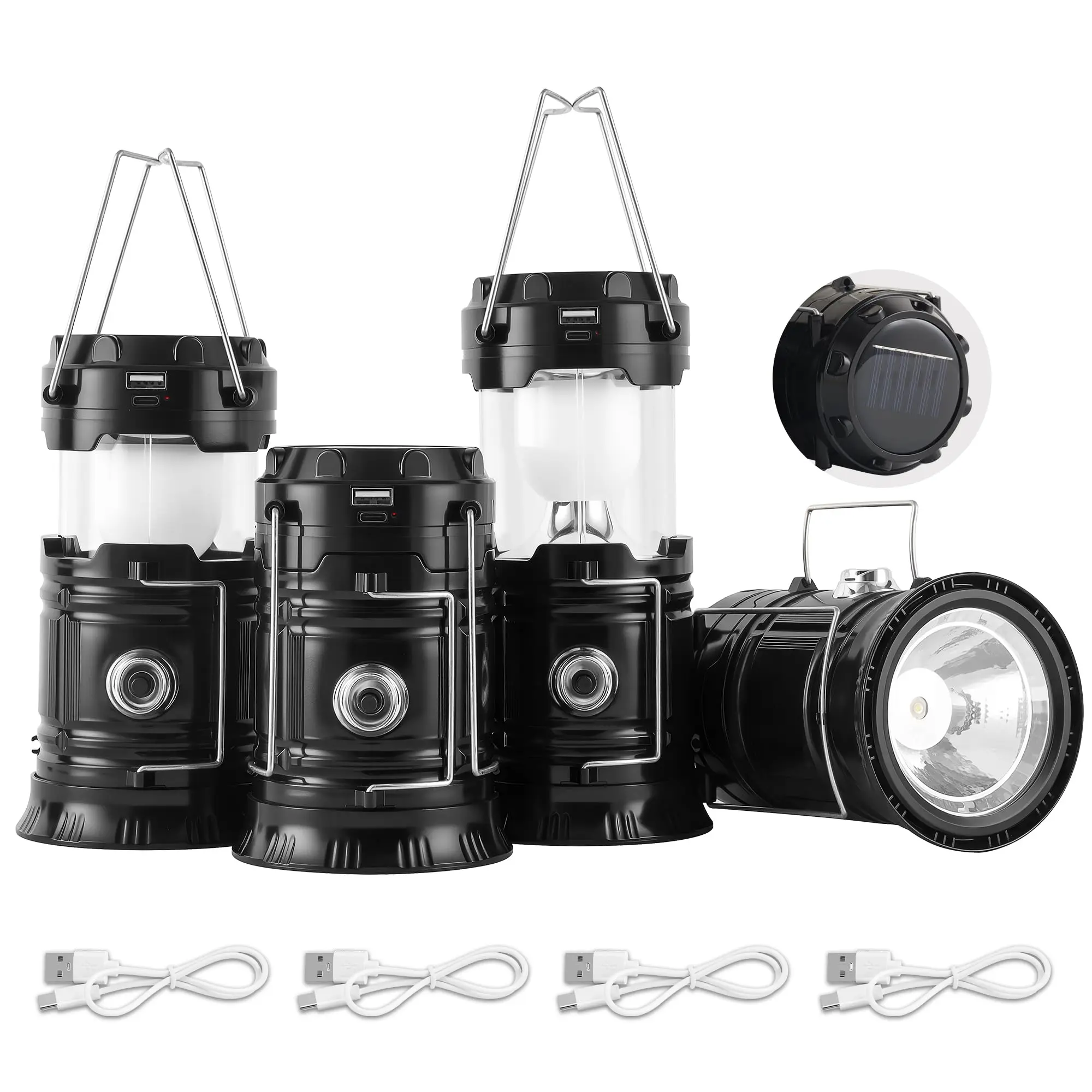 4-Pack Collapsible Portable LED Camping Lanterns, Lightweight Waterproof Solar-USB Rechargeable Flashlight Survival Kits for Home Emergency Power Outages, Halloween Candy Bucket with Hanging Charm Cute Gifts for BF