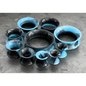PAIR Beautiful Black & Aqua Swirl Ultra Thin Silicone Double Flare Tunnels/Plugs - Gauges 4g (5mm) thru 7/8" (22mm)