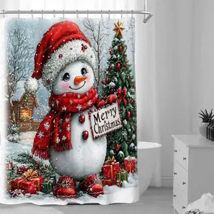 Snowman Pattern Shower Curtain, 1 Count Waterproof Bathroom Curtain with 12 Hooks, Bathroom Decor Supplies for Home Hotel Salon Dormitory