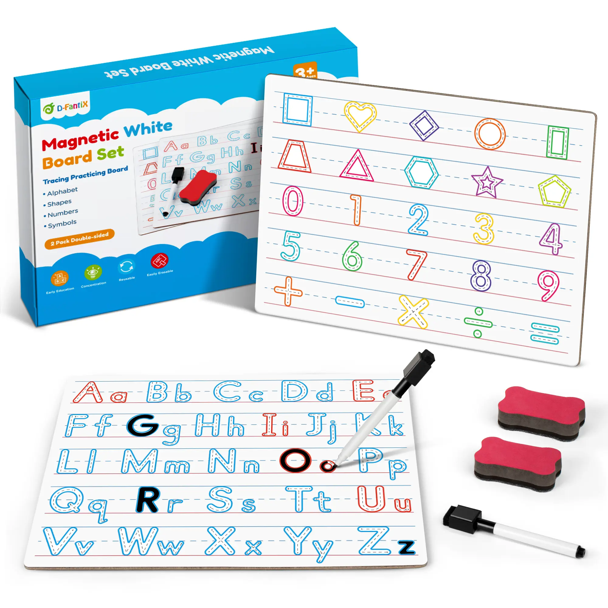 D-FantiX 2 Pack Double-Side Dry Erase Handwriting Practice for Kids, 9 x 12 inch Magnetic Alphabet Tracing Board Whiteboard with 2 Markers & 2 Erasers, Write and Wipe Letter Tracing for Kids Ages 3-5