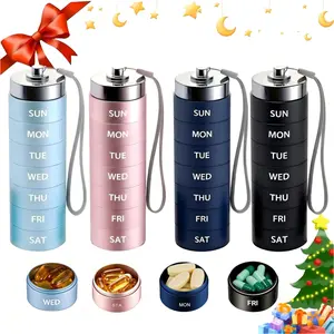 7-in-1 Metal Travel Pill Organizer Portable 7-Day Vitamin Organizer Stackable Waterproof Moisture Proof Aluminum Alloy Pill Box Large Daily Medicine Container for Vitamin Fish Oil Supplement Healthcare Aid Cover, Bottles