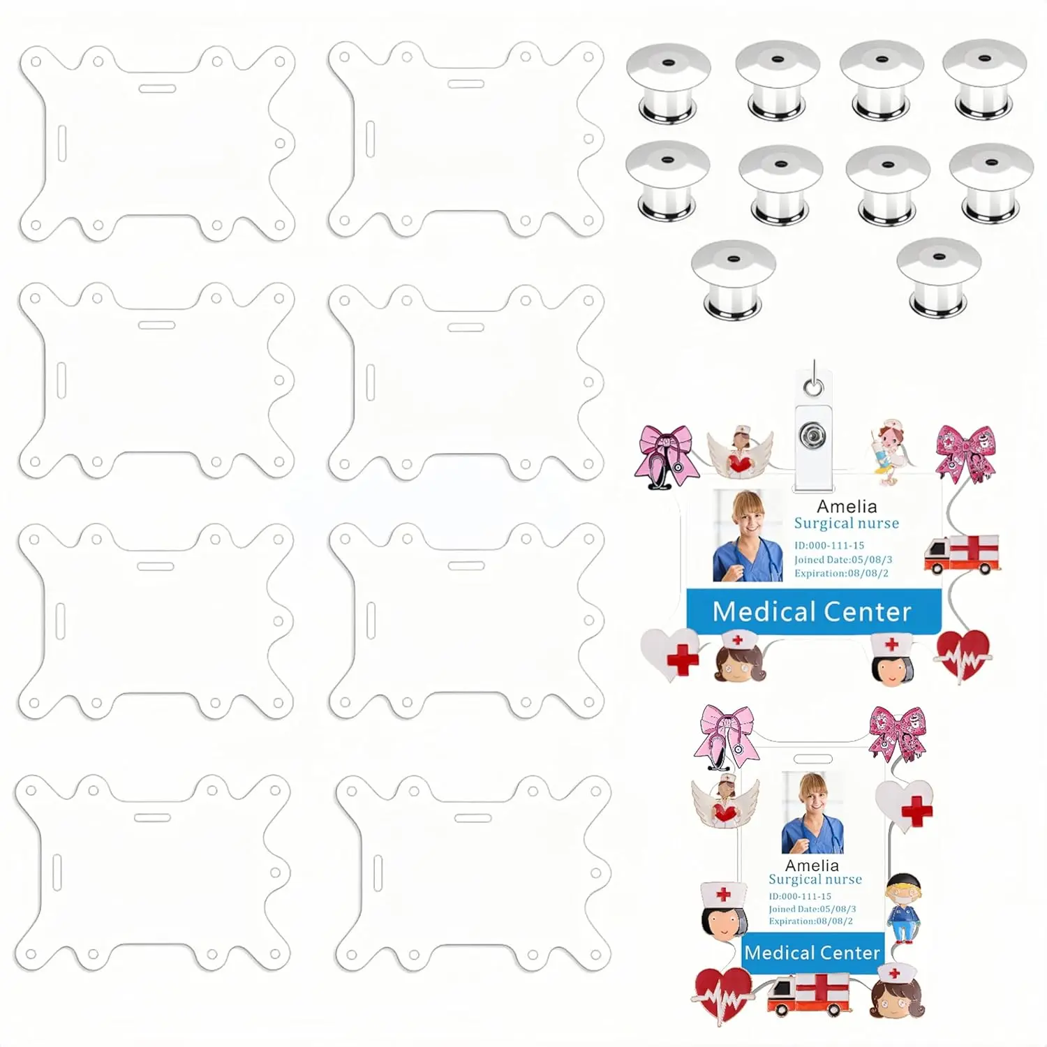 8 count Badge Buddy Pin Holders with 10 Locking Backs - 9 Hole  Displays, Fits Both Horizontal & Vertical ID Badges,  for , Students & Employees(Horizontal and vertical)