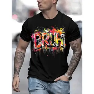 BRUH Mens TShirt Comfortable Crew Neck Casual Cotton ShortSleeves Soft Breathable Top Menswear Tshirt Summer Spring Streetwear Cotton Fabric Trendy Letter Print
