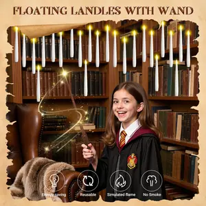 Magic Floating Candles with Wand | 20 Pack Flameless LED Candles for Magic Themed Halloween Christmas Party, Safe Gift for Kids