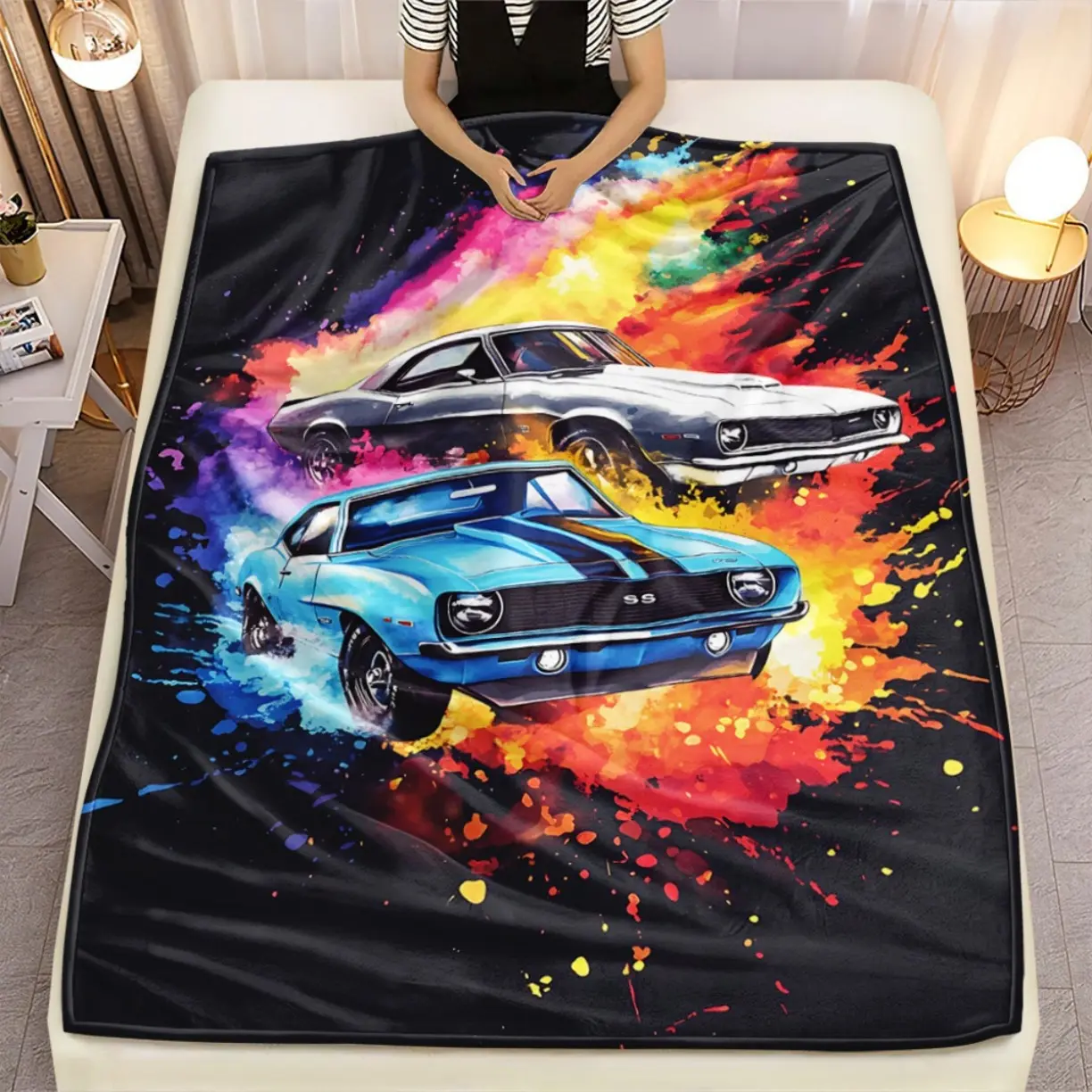 1pc Muscle Cars Racing Design Blanket - Vintage & Style - Lightweight All-Season Soft Warm Throw - Office - Ideal Gift for Car Lovers - Vibrant Sports Car in Motion with Digital Print - Flannel Fabric - Suitable for Sofas, Beds,