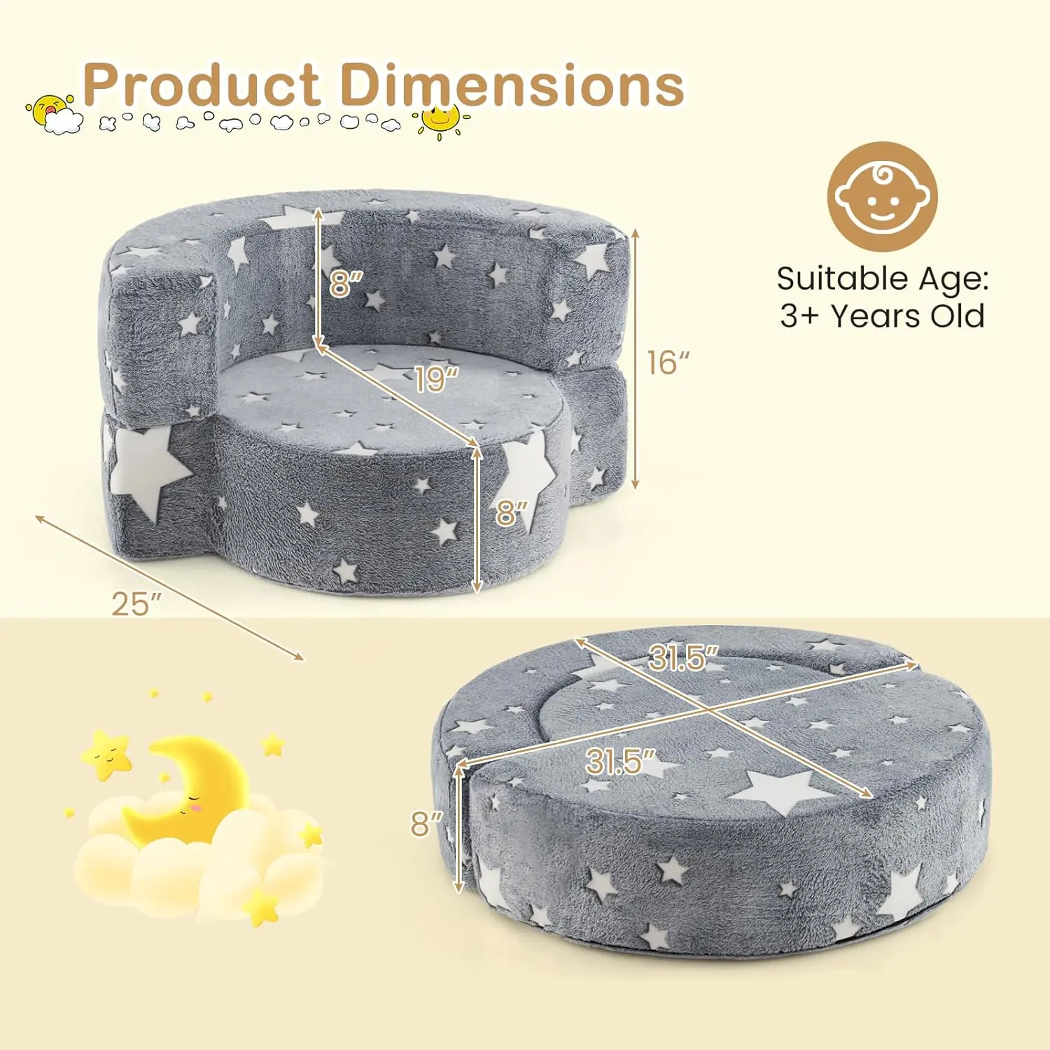 2 in 1 Reading Chair w/ 8'' Sitting Cushion - Grey