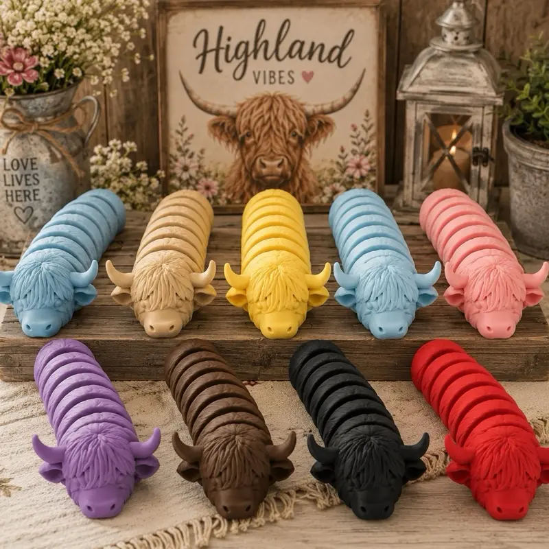 3D Printed Articulated Highland Cow Centipede Fidget Toy - Stress Relief Desk Toy Ornaments - Custom Colors Available Via Message, Surprise Color Sent Or receive a fun surprise color