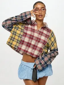 SUMWON WOMEN Plaid Multi Pattern Patchwork Oversized Cropped Button Down Shirt With Diamante Details Winter Grunge Preppy Y2K Style Long Sleeve Collared Top