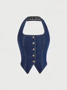 Button Front Halter Neck Denim Top - Slim Fit Sleeveless Crop Top for Country Concerts - Y2K Style, Breathable & Soft Fabric, Light Wash Asymmetrical Hem, Minimalist Design