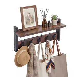 Wall Mount Coat Rack with Shelf and 5 Tri Hooks, Wood Coat Hangers for Cups, Dinnerware, Hanging Hat, Towel, Purse, Jacket, Kitchen Use