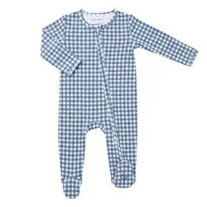 Footie Zippered One Piece in Micro Gingham Navy