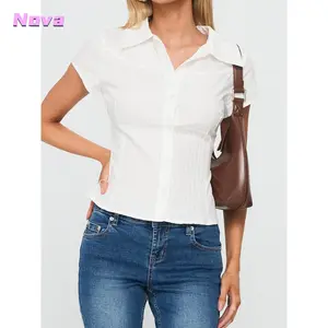 Women's Elegant Solid Color Lapel Short-Sleeve Button-Up Blouse with Fit Back Bow Tie, Casual Shortsleeve Top for Work, Weekend Wear