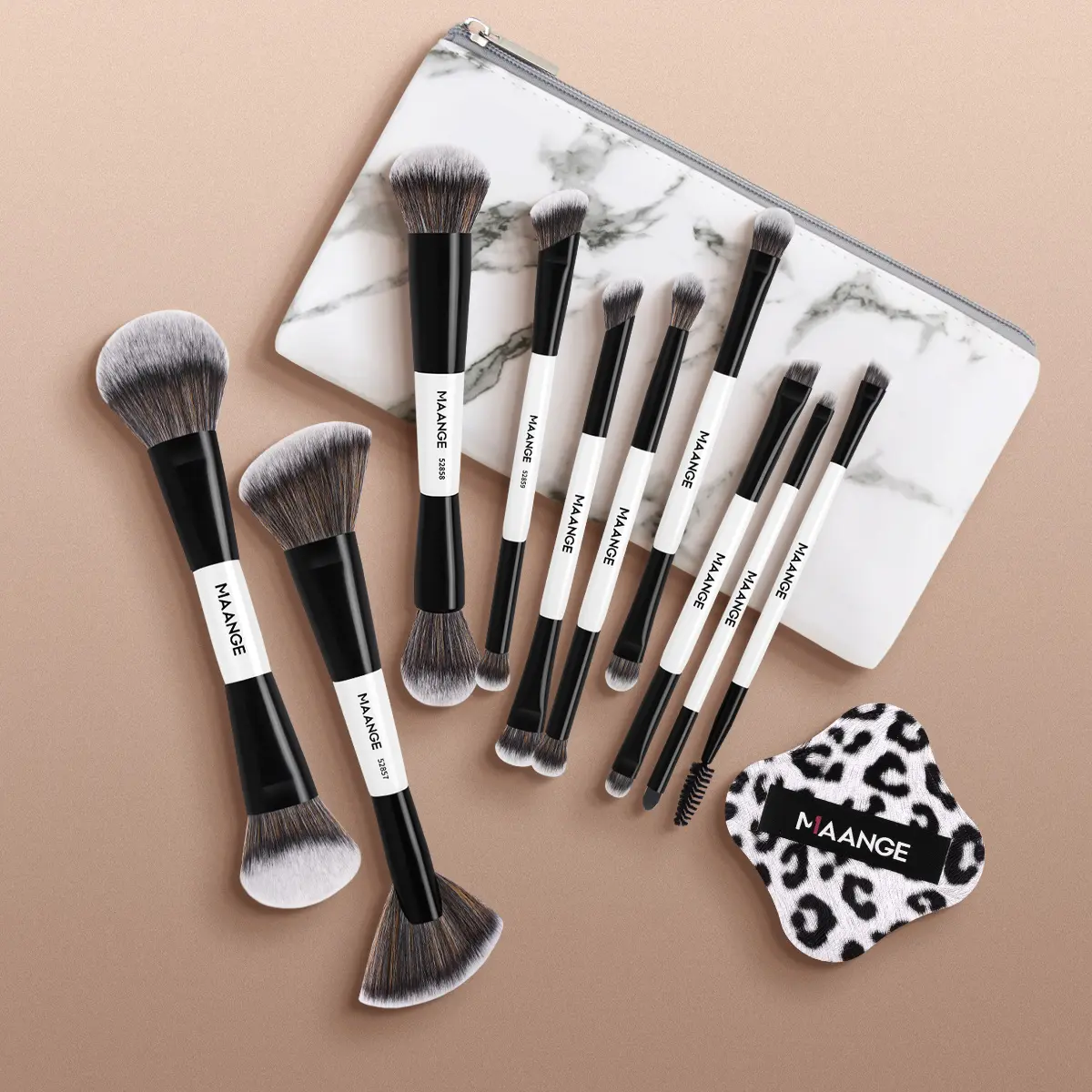 MAANGE 12pcs Makeup Tool Set Includes 10pcs Dual-Ended, Multifunctional Makeup Brushes + 1pc Powder Puff + Cosmetic Bag, Foundation Brush Loose Powder Brush Blush Brush Contour Brush, Beauty Tools Kit for Flawless Application, Face Makeup Brushes