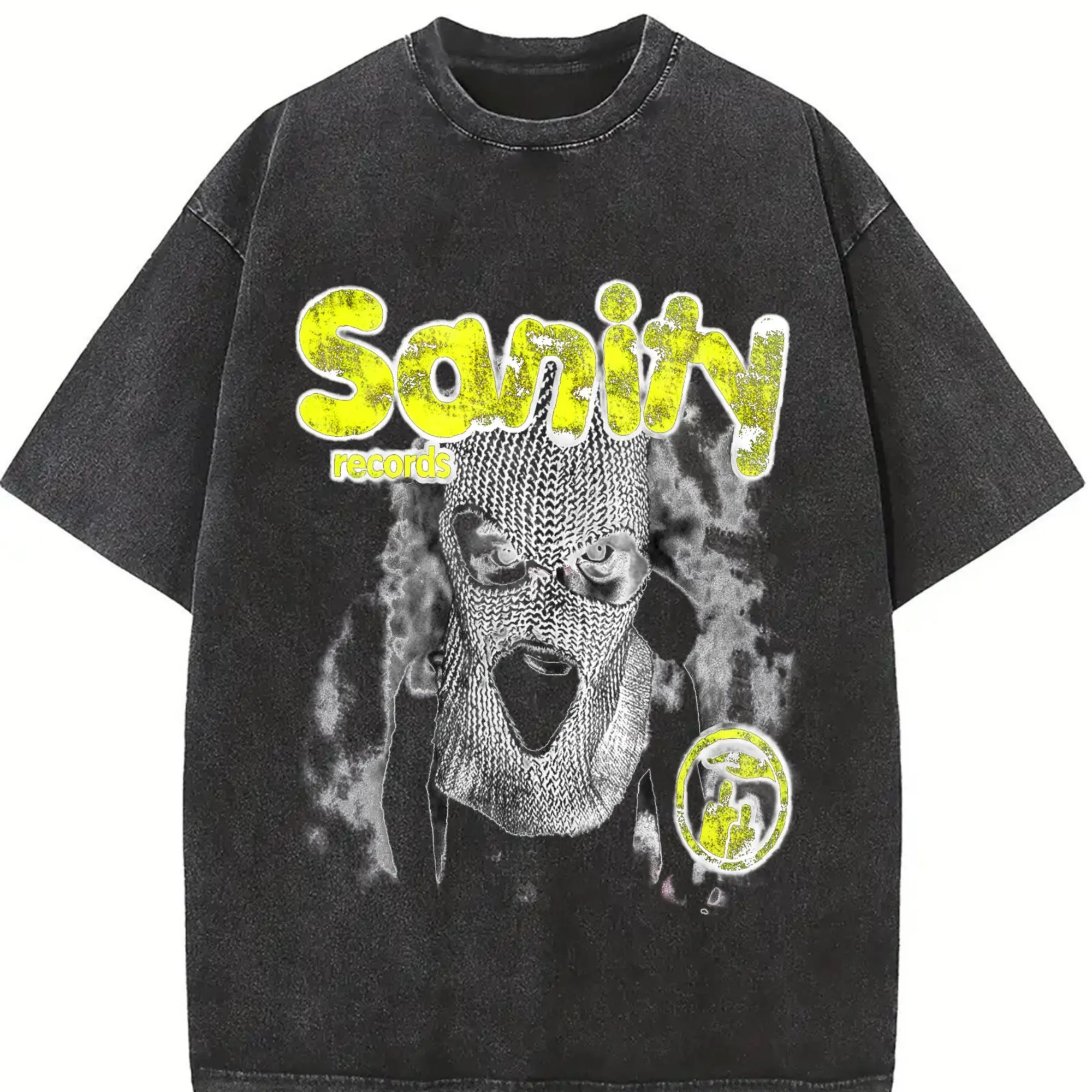 Men's "Sanity Records" Balaclava Graphic T-Shirt, Yellow Footprint Print, Double Sided Black Tee, Hip Hop Streetwear Oversized Top