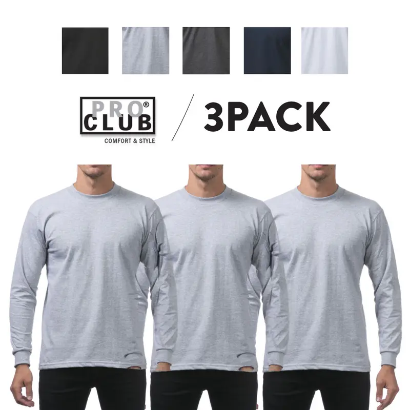 3 Pack PROCLUB Men's Heavyweight T Shirts PRO CLUB Long Sleeve T Shirt Casual Heavy Cotton Tee Plain Warm Long Tee Hip Hop (S to 5XLT)