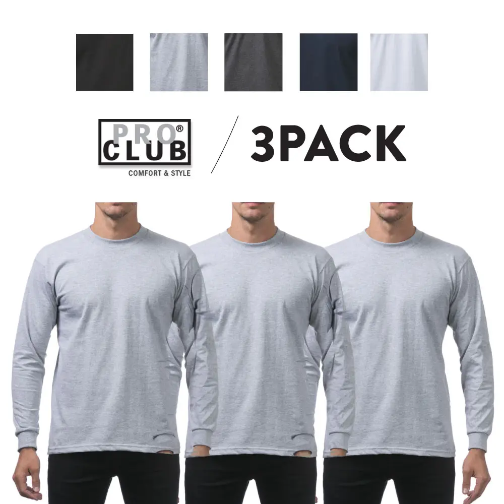 3 Pack PROCLUB Men's Heavyweight T Shirts PRO CLUB Long Sleeve T Shirt Casual Heavy Cotton Tee Plain Warm Long Tee Hip Hop Harem (S to 5XLT)