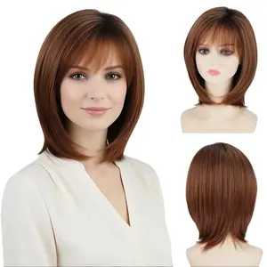 Brown Short Wigs for White Women 12inch Layered Brown mix Blonde Mid-length Pixie Bob Wig with Bangs Straight Heat Synthetic Natural Daily Party Average Size Wig