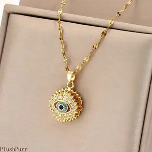 1-Pack Unisex "Evil Eye" Spinning Pendant Necklace — Copper Chain Inlaid with Synthetic Zircon; Versatile & Trendy Accessory