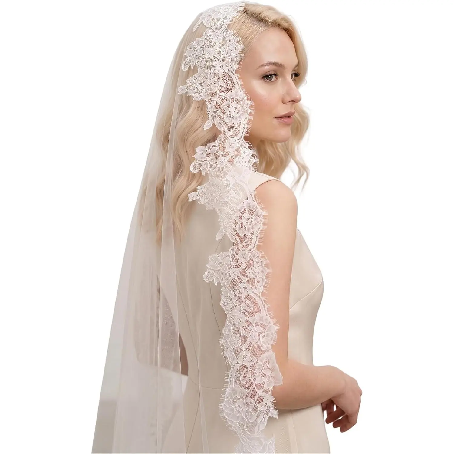 Mantilla Bridal Veil French Lace Eyelash Edge Wedding Veil with Comb for Bride