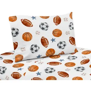 Sweet Jojo Designs Boy Queen Sheet Set Watercolor Sports Theme Blue Brown and Orange 4pc