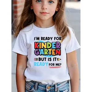 Girls' "I'm Ready for Kindergarten" T-Shirt - Cute Cartoon Lettering & School Icons, Soft Stretchy Crew Neck Short Sleeve, Playful "I'm Ready" Design with Pencils & Apples, All-Season Comfort for Back-to-School Outfit, Kindergarten Shirt