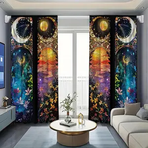 Sun & Moon Pattern Curtain, 1 Pair Colorful Oil Painting Landscape Pattern Rod Pocket Curtain, Home Decor for Bedroom, Living Room, Window, Kitchen, Office, Home Decoration Curtain