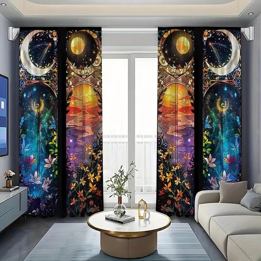 Sun & Moon Pattern Curtain, 1 Pair Colorful Oil Painting Landscape Pattern Rod Pocket Curtain, Home Decor for Bedroom, Living Room, Window, Kitchen, O