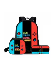 Game console pattern printed 17-inch backpack three-piece set (single-layer backpack + round lunch bag with shoulder strap + single-layer pencil case) Casual printed backpack