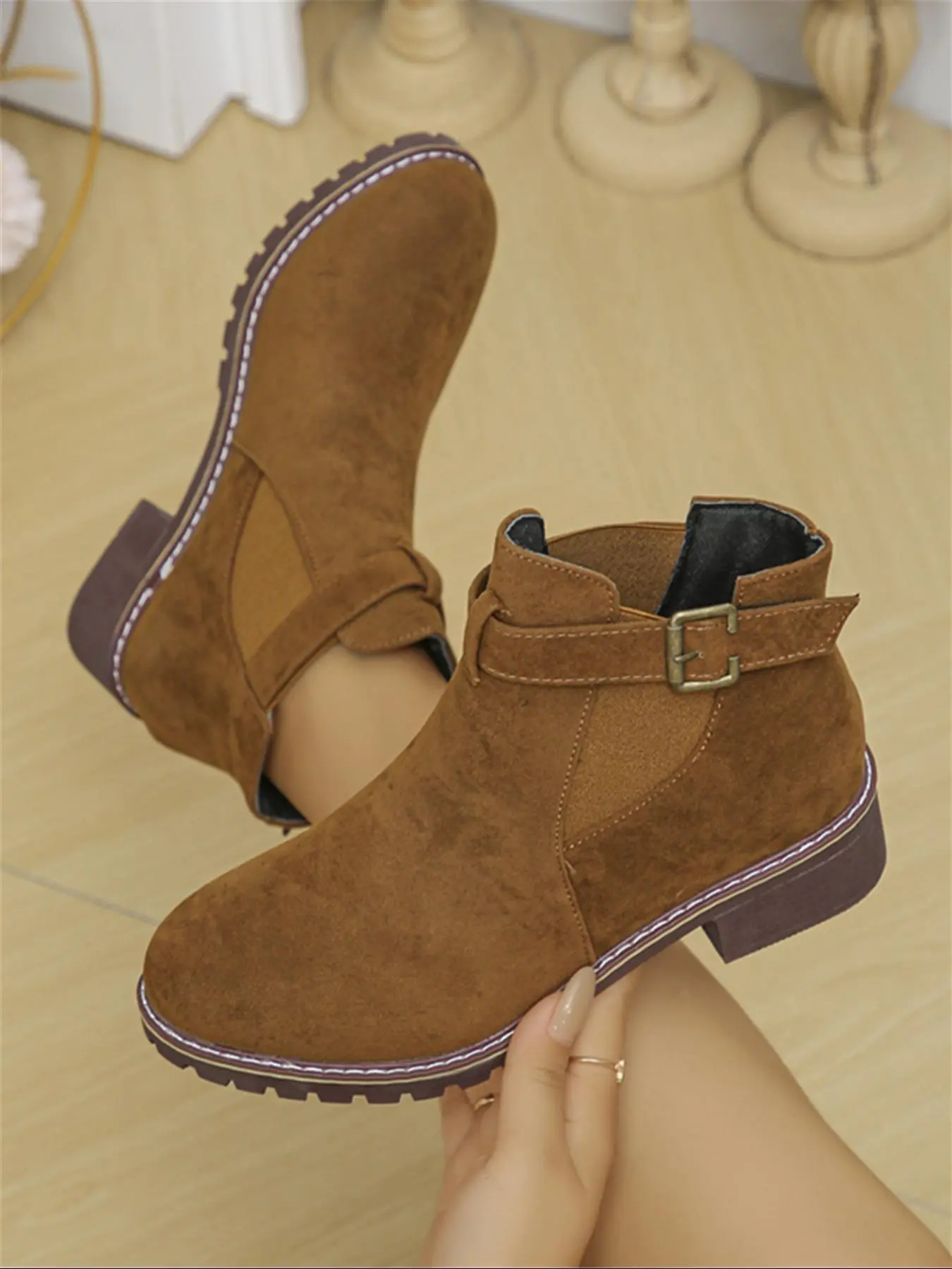 Women's Brown Buckle Decor Western Ankle Boots, Cowgirl Western Boots, Cowboy Cowgirl Boots, Classic Casual Comfortable Breathable Thick-heeled Boots for Daily Wear, Winter Warm Shoes