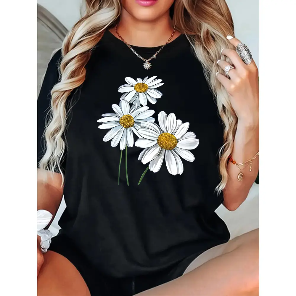 Women's Daisy Print Short-Sleeve T-Shirt - Loose Fit Round Neck Blouse-Compatible Top, Breathable Machine Washable Fabric Suitable for Casual Casual Attire, - Layering Basic Tee