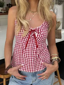 Plaid A-Line Bow Knot Christmas Y2K Cute Vest, Fitted Style, Perfect for Festive, Women's Fashion Top