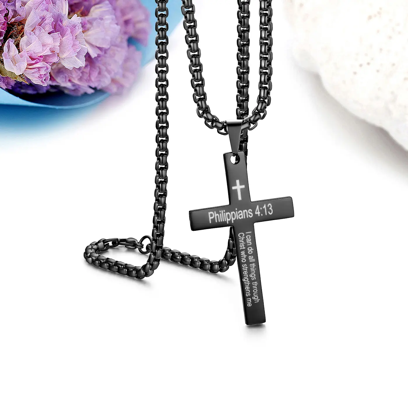 OIDEA Male Stainless Steel Engraved Cross Pendant Necklace - Philippians 4:13 Verse, Rust Resistant, 1.96"(5cm) × 1.18"(3cm) 1.96 Inches, Spiritual Easter Gift for Religious Individuals (Size Details in Product Description), Engraved Verse, Graduation, Po