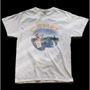 Camel Smoking Joe Fly Fishing white tee, vintage promo tee from the 90s Y2k era- Vintage y2k tshirt Round Neck Top Casual Shortsleeve