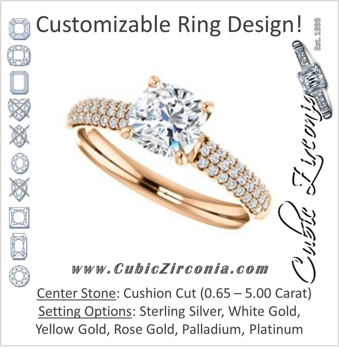 Cubic Zirconia Engagement Ring- The Roxy Edith (Customizable Cushion Cut Center with Stackable Triple Pavé Band)