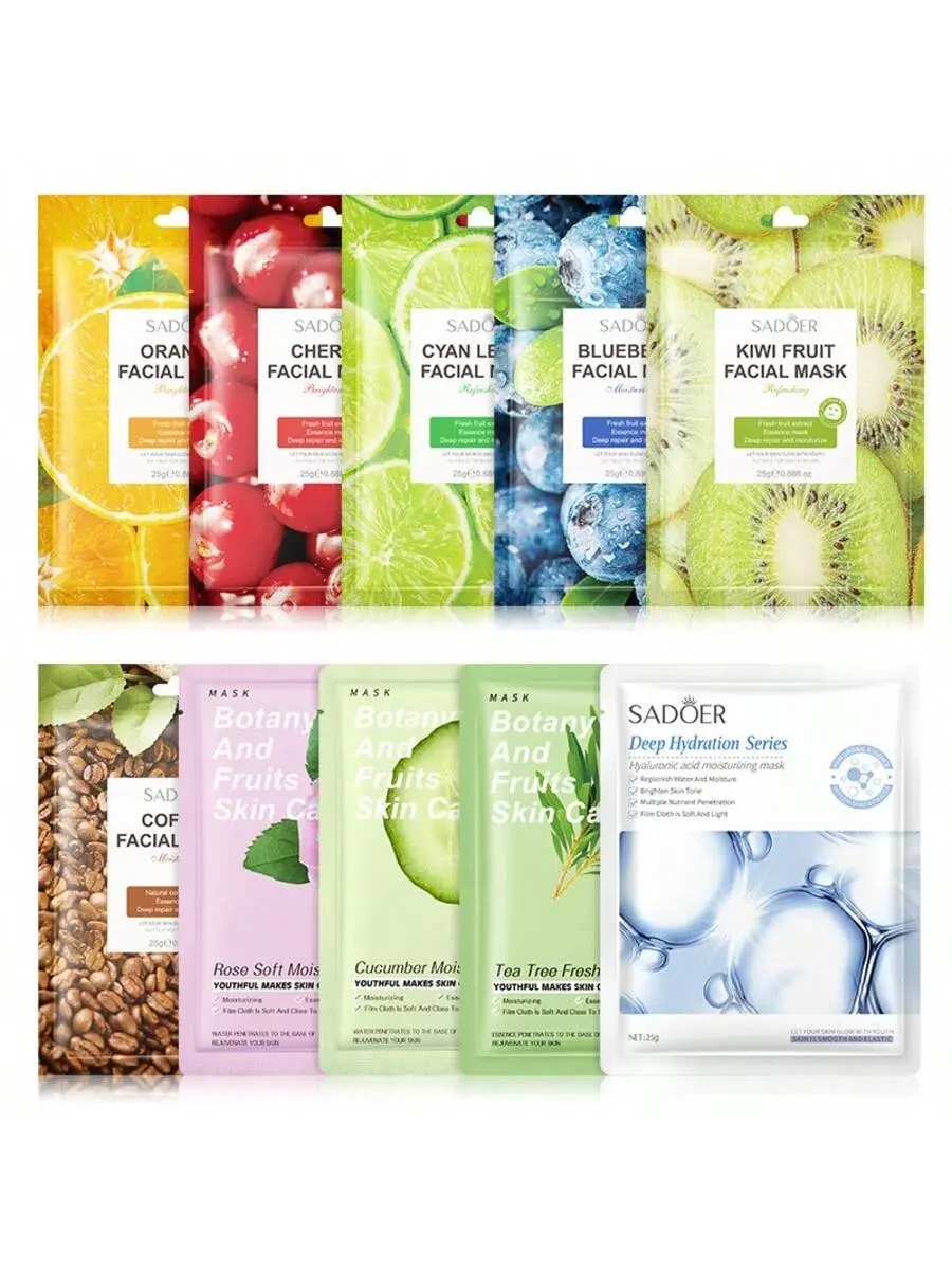 SADOER 10pcs Sheet Face Mask Set - Orange, Cherry, Kiwi, Coffee, Cucumber, Tea Tree, Hyaluronic Acid Beauty Products for All Skin Types, Soothing Moisturizer, Hydrating