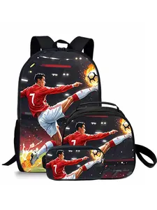 Football pattern printed 17-inch backpack three-piece set (single-layer backpack + round lunch bag with shoulder strap + single-layer pencil case) School Backpacks