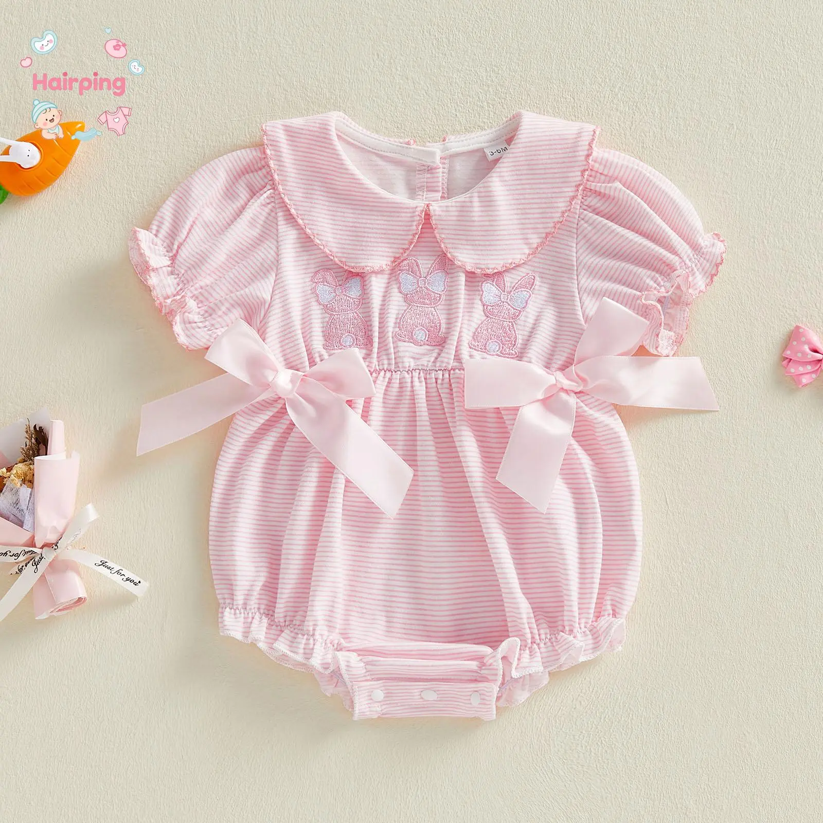 Baby Girl Stripes Print Bodysuit - Soft Cotton Blend Baby Clothing, Short-Sleeve Ruffled Collar Bunny Embroidery Bow Detail Romper, Cozy Naps Easter Casual Playwear Newborn Photo Girls Outfit, Soft Cotton Touch For Cozy Naps