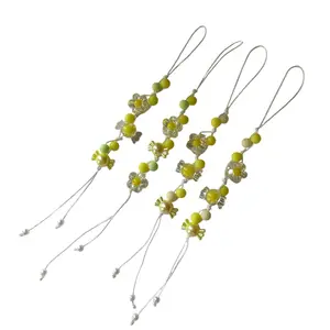 2pcs Yellow Mini Phone Charm - Yellow Beaded Floral Design with White String for Phone Accessory