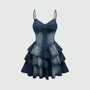 Body-Shaping Denim Mini Dress – Ruffle Tier Skirt, Spaghetti Strap, Night Out Ready