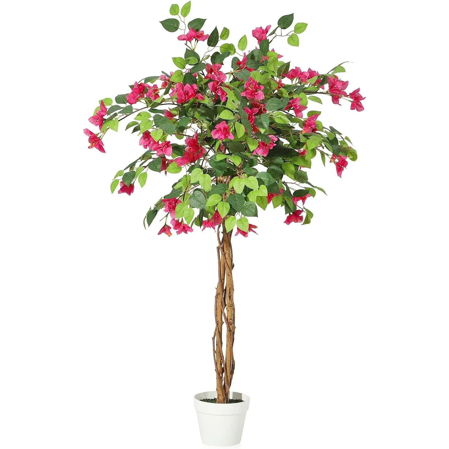 4FT Artificial Bougainvillea Tree, Tall Potted Fake Bougainvillea Trees, Faux Tree with Wood Trunk and Pink Flowers