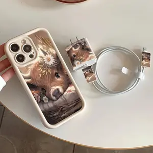 Cute Cow Pattern Phone Case with Charger Saver & Cable Protector & Storage Rope, Anti-drop Cellphone Protective Case, Total Protective Shockproof Mobile Phone Cover for iPhone, Casing
