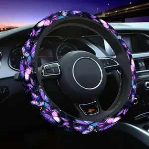 A purple Automotive steering wheel cover with a butterfly pattern, featuring a non-slip elastic design, suitable for cars, SUVs, and trucks. It enhances the driving experience, making it a perfect gift for loved ones.