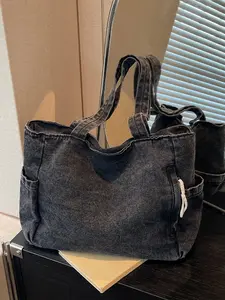 Vintage Denim Tote Bag, Large Capacity Commuter Shoulder Bag, Daily Commute Bag, Worn Casual Versatile Women's Handbag, Perfect for Everyday Use, Classic Shoulder Bag, Denim Shoulder Bags
