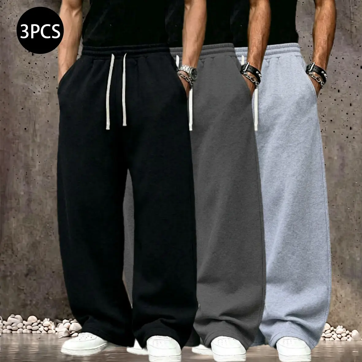 Men’s 3-Pack Loose-Fit Athletic Sweatpants, Straight-Leg Jogger Pants, Soft Breathable Knit Fabric, Deep Pockets, Ideal for Workouts, Running, and Everyday Casual Wear.