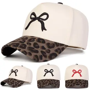 Unisex Bow Embroidered Leopard Two Tone Baseball Cap Outdoor Adjustable Sunscreen Leisure Hat Spring Autumn Travel Tourism Beach Vacation